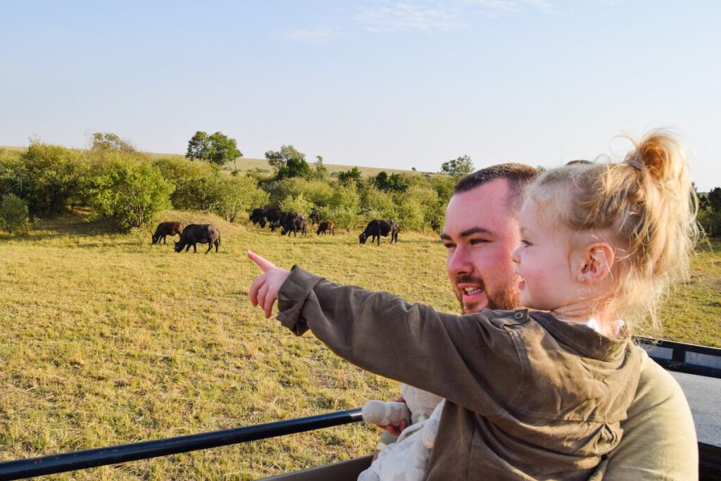 Young girl with her father in a safari jeep, points out to the Wildebeest, which are grazing nearby