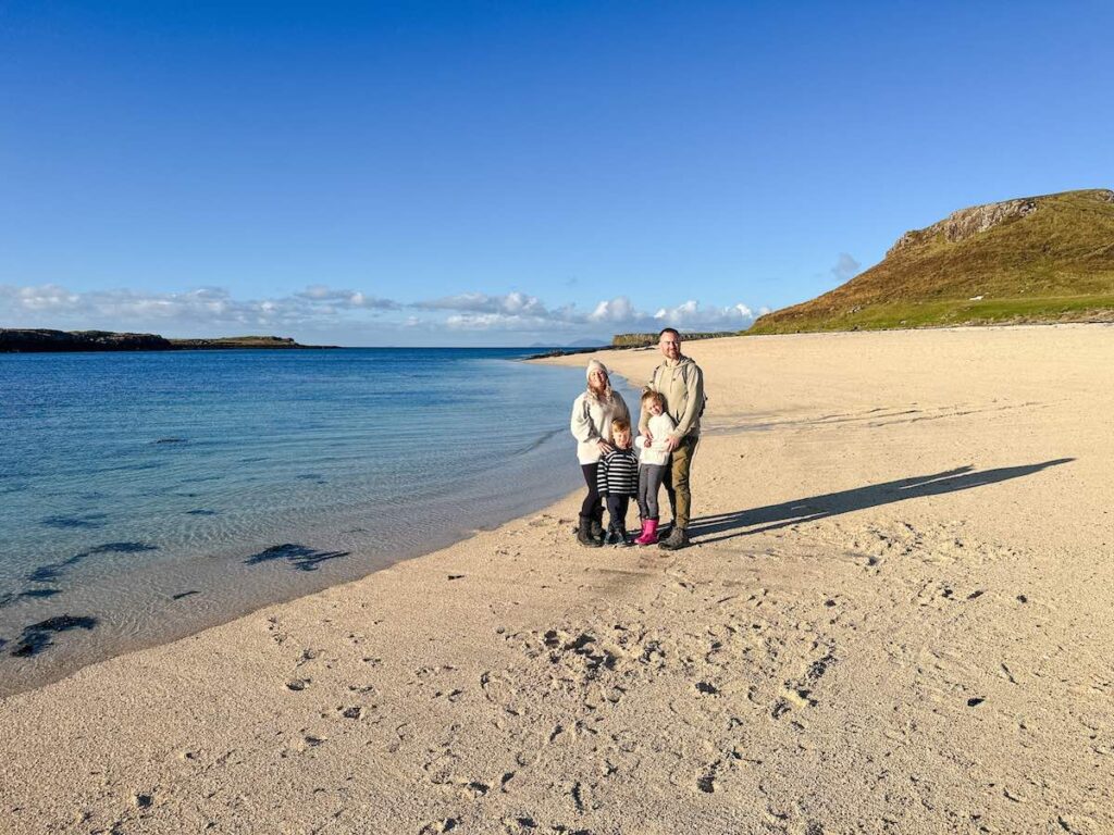 Scotland With Kids - Family standing on Coral Beach, Isle of Skye