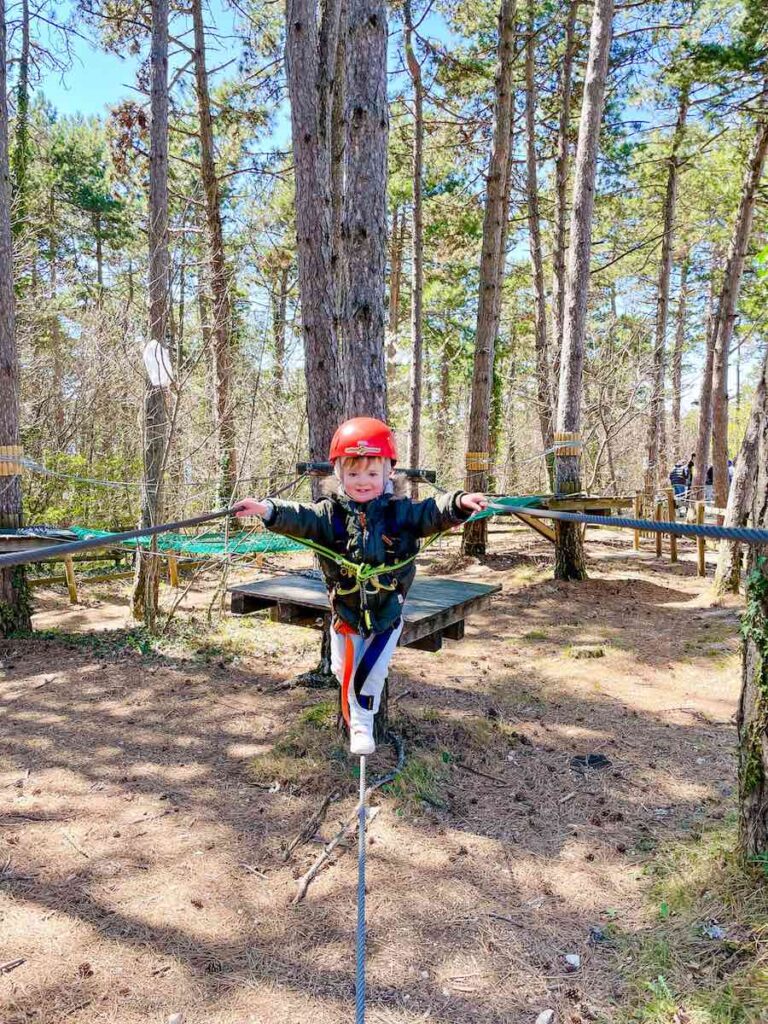 Young boy on high ropes course