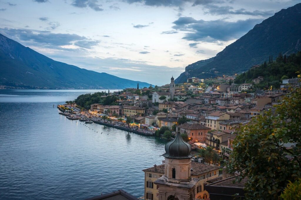 Limone sul Garda town lit up at night