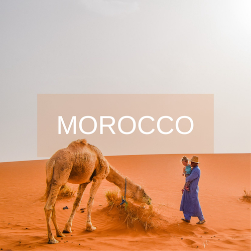 Man and child watch camel in Sahara Desert