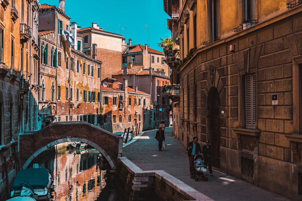 Sunset over a Venice canal and quiet street