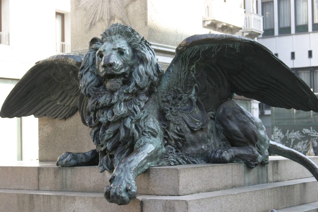 Winged lion statue in St Mark’s Square, Venice — symbol of the city’s patron Saint Mark
