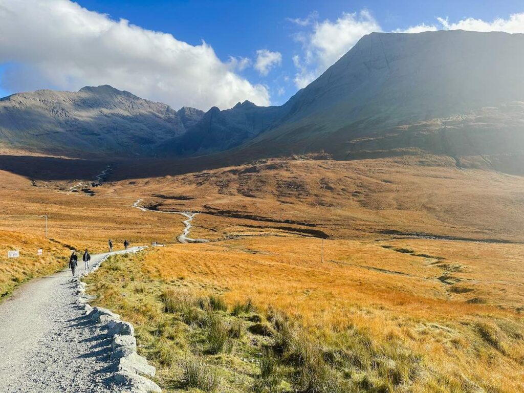 The Fairy Pools on the Isle of Skye in Scotland with clear waterfalls and streams