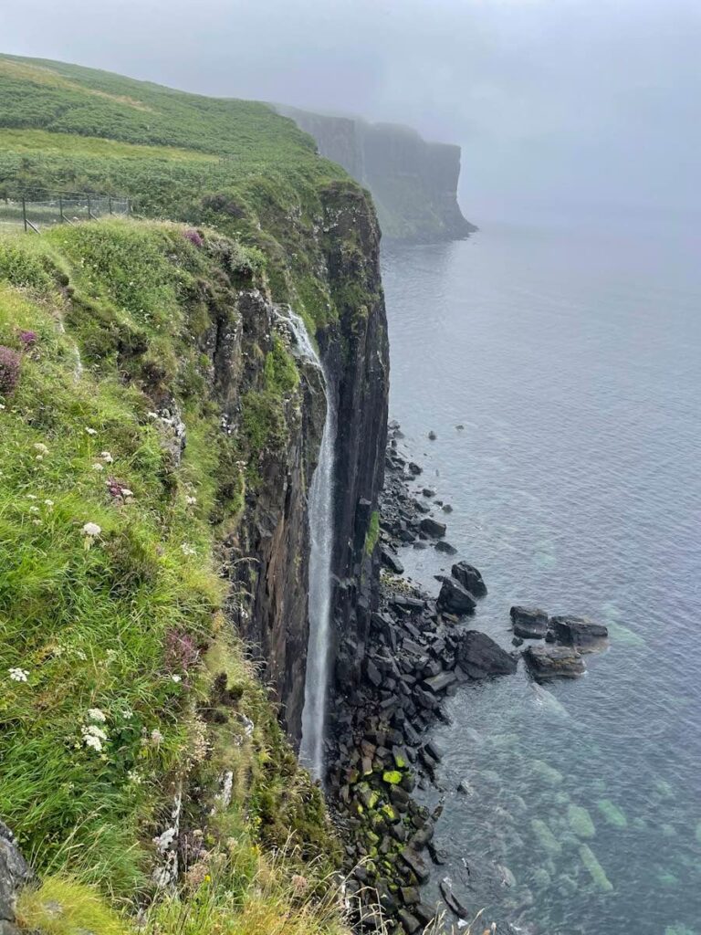 Kilt Rock cliffs and Mealt Falls waterfall on the Isle of Skye, Scotland.