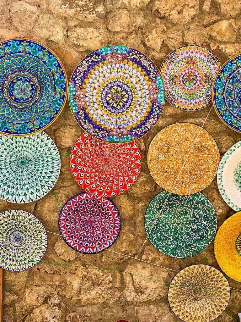 Colourful hand-painted ceramic plates in Ravello on the Amalfi Coast.