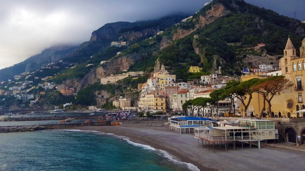 Maiori Beach on the Amalfi Coast in Italy.
