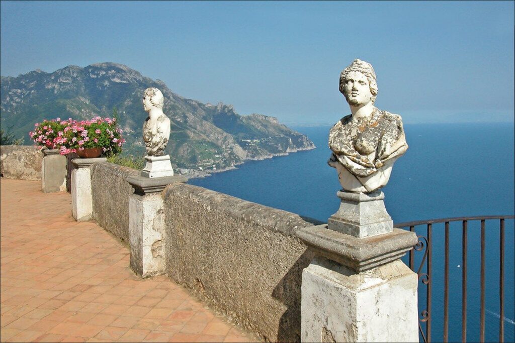 Gardens and terrace viewpoint at Villa Cimbrone in Ravello on the Amalfi Coast.